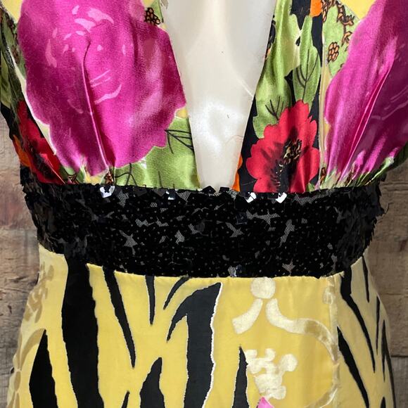 Paris Tony Bowls Yellow Floral Tiger Plunging Neck Sequin Silk Gown Dress Size 8 - Picture 3 of 14